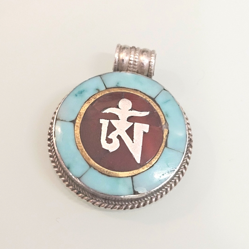 Nepali Turquoise Coral Sterling Silver OM Tibetan 925 Pendant
